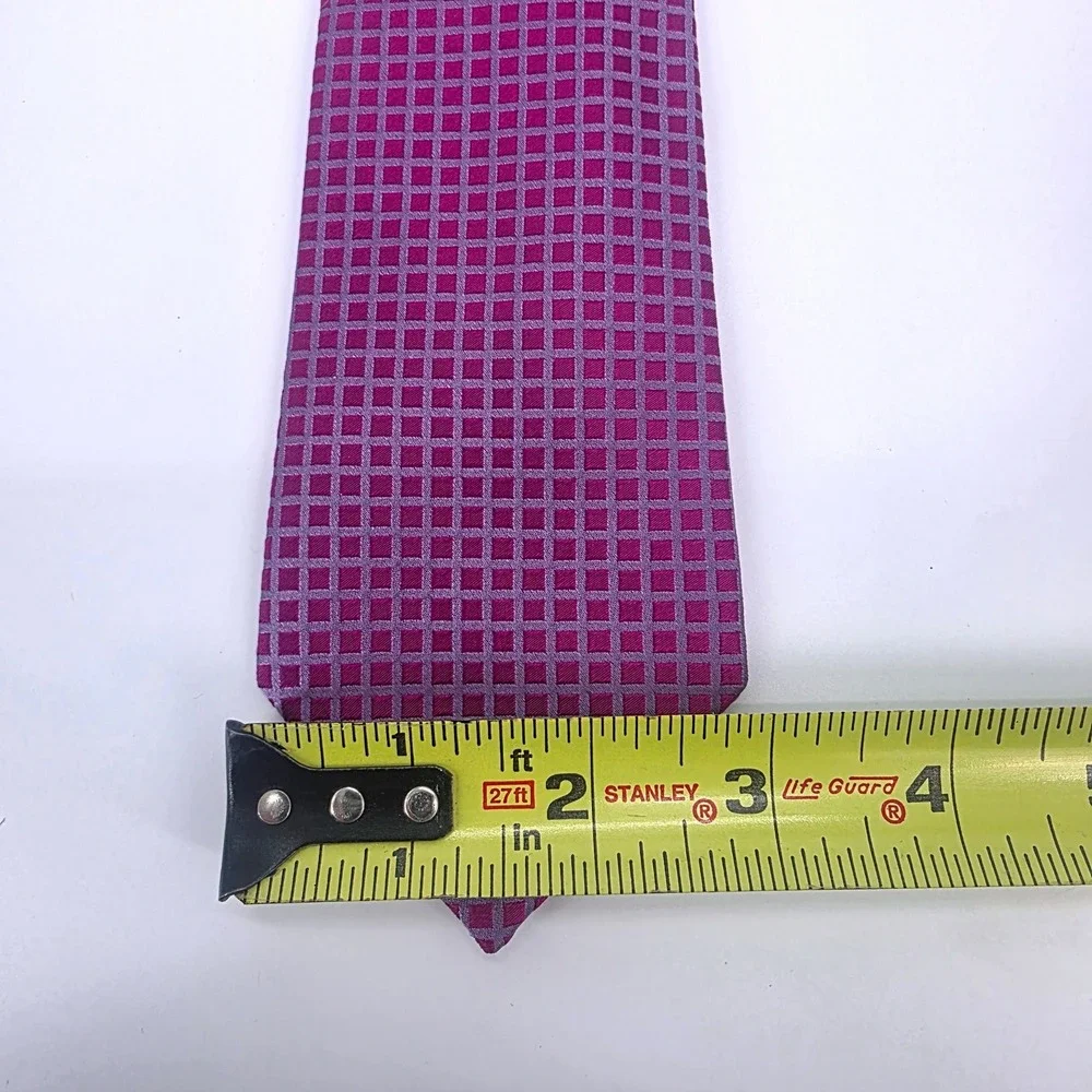 BCBG Attitude Mens Silk Necktie Magenta Purple Geometric Grid Woven Handmade Tie